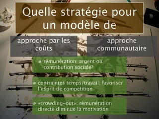 Quelle stratégie pour
    un modèle de
approche par les                 approche
     coûts                     communautaire
        rémunération: argent ou
        contribution sociale?


      contraintes temps/travail: favoriser
      l’esprit de competition

      «crowding-out»: rémunération
      directe diminue la motivation
 