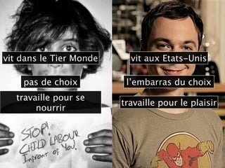 CROWDsourcing



vit dans le Tier Monde     vit aux Etats-Unis

    pas de choix          l’embarras du choix
   travaille pour se
                         travaille pour le plaisir
        nourrir
 