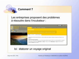 Comment ?Les entreprisesproposent des problèmes à résoudredansl’incubateur : Ici : élaborer un voyage original20 janvier 2010 - IPMRéalisé par Frédérique CASBONNE et Aurélie MALETRAS