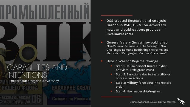 CAPABILITIES AND
INTENTIONS
Understanding the adversary
§ OSS created Research and Analysis
Branch in 1942, OSINT on adver...