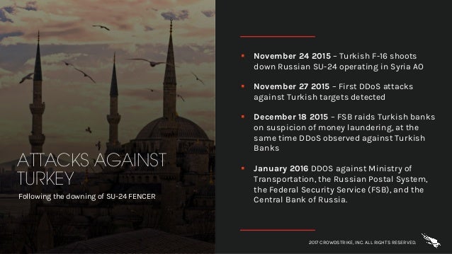 § November 24 2015 – Turkish F-16 shoots
down Russian SU-24 operating in Syria AO
§ November 27 2015 – First DDoS attacks
...