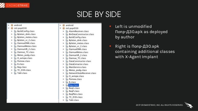 SIDE BY SIDE
§ Left is unmodified
Попр-Д30.apk as deployed
by author
§ Right is Попр-Д30.apk
containing additional classes...