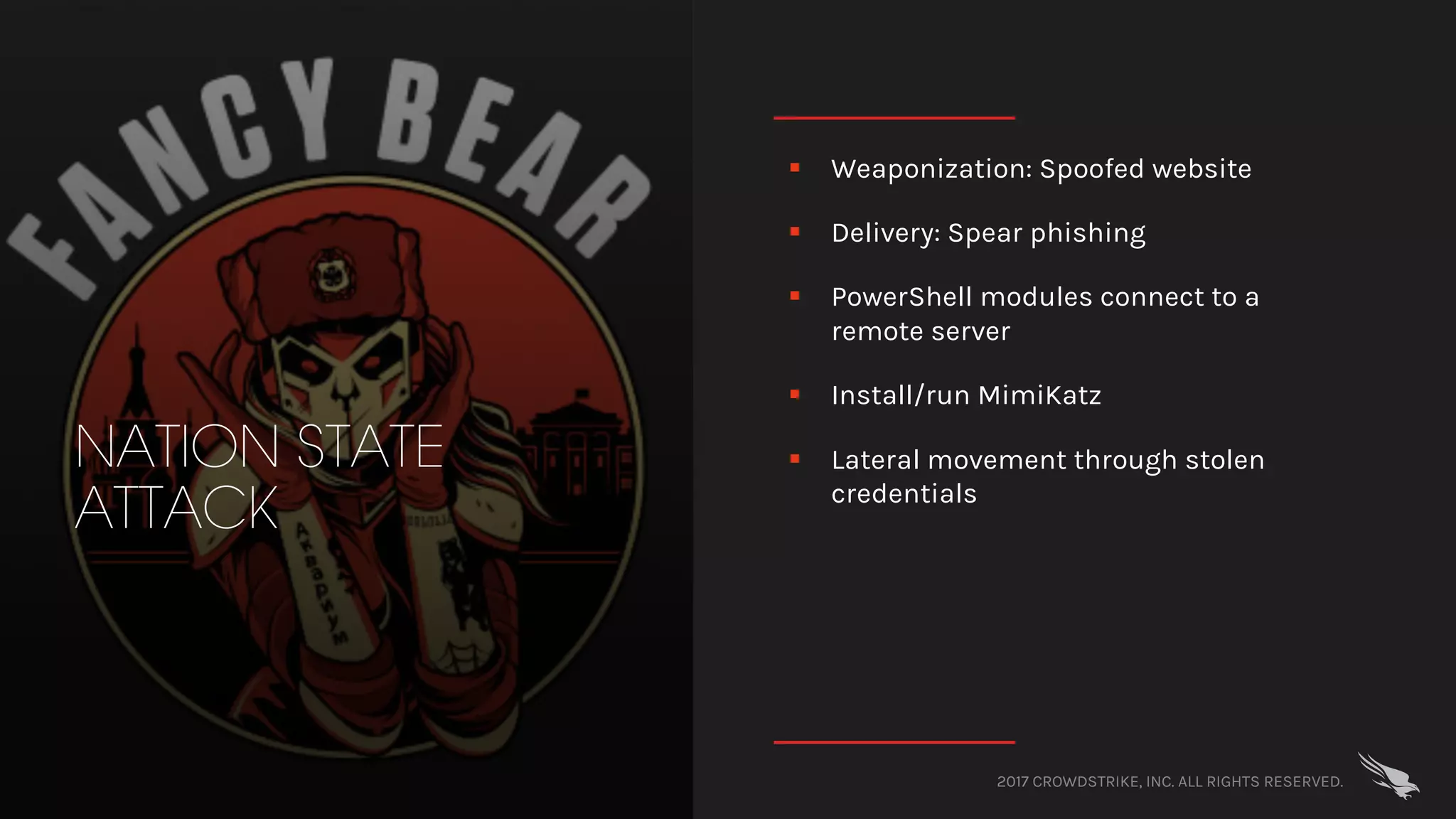 2017 CROWDSTRIKE, INC. ALL RIGHTS RESERVED.
NATION STATE
ATTACK
§ Weaponization: Spoofed website
§ Delivery: Spear phishing
§ PowerShell modules connect to a
remote server
§ Install/run MimiKatz
§ Lateral movement through stolen
credentials
 