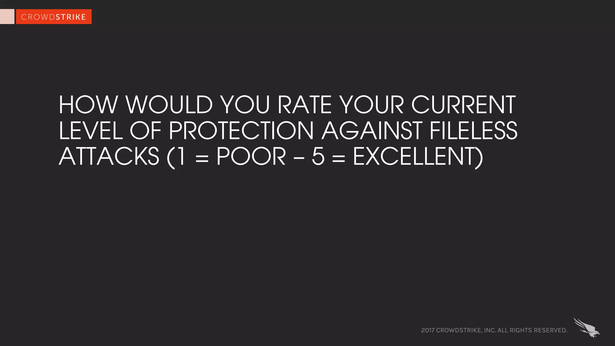 HOW WOULD YOU RATE YOUR CURRENT
LEVEL OF PROTECTION AGAINST FILELESS
ATTACKS (1 = POOR – 5 = EXCELLENT)
2017 CROWDSTRIKE, INC. ALL RIGHTS RESERVED.
 