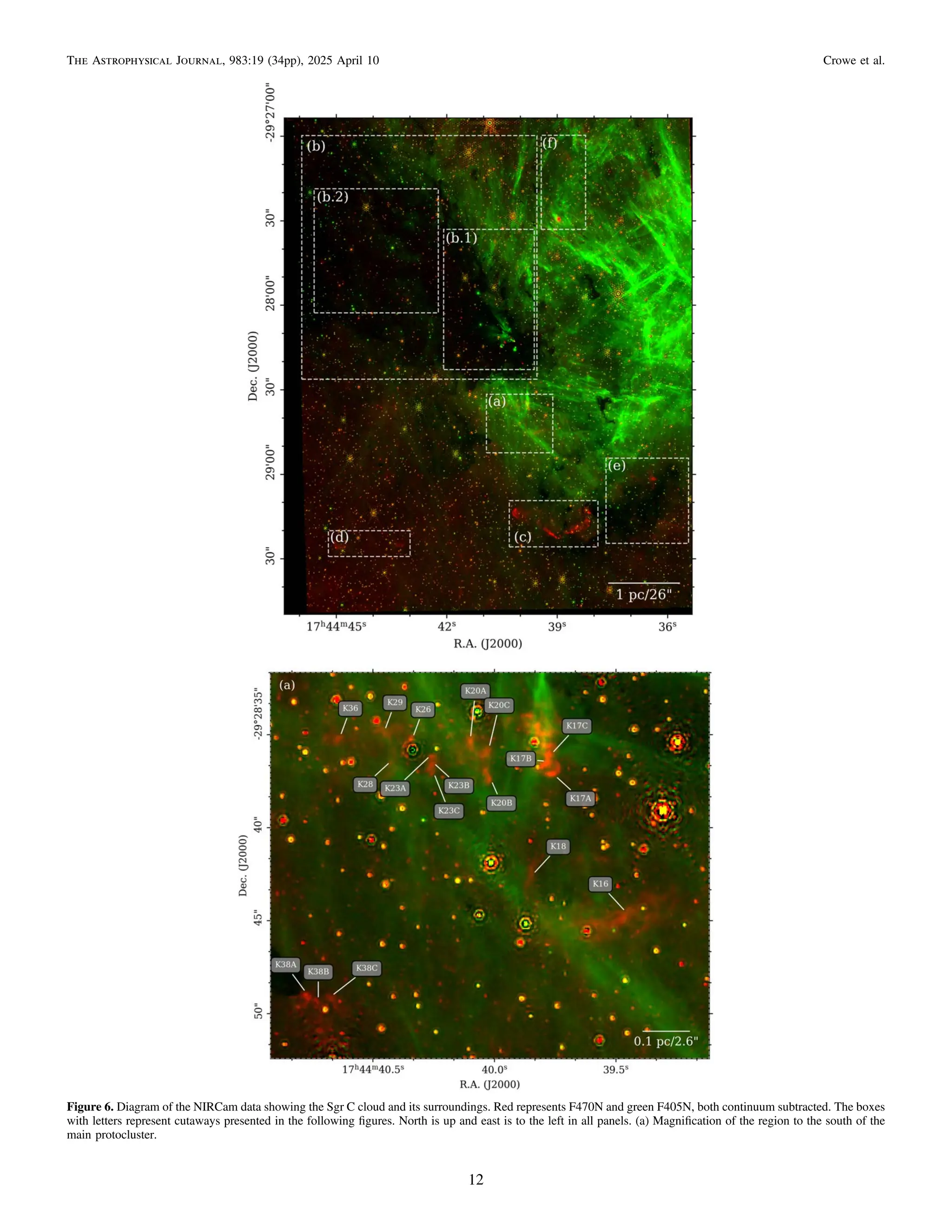 Figure 6. Diagram of the NIRCam data showing the Sgr C cloud and its surroundings. Red represents F470N and green F405N, both continuum subtracted. The boxes
with letters represent cutaways presented in the following ﬁgures. North is up and east is to the left in all panels. (a) Magniﬁcation of the region to the south of the
main protocluster.
12
The Astrophysical Journal, 983:19 (34pp), 2025 April 10 Crowe et al.
 