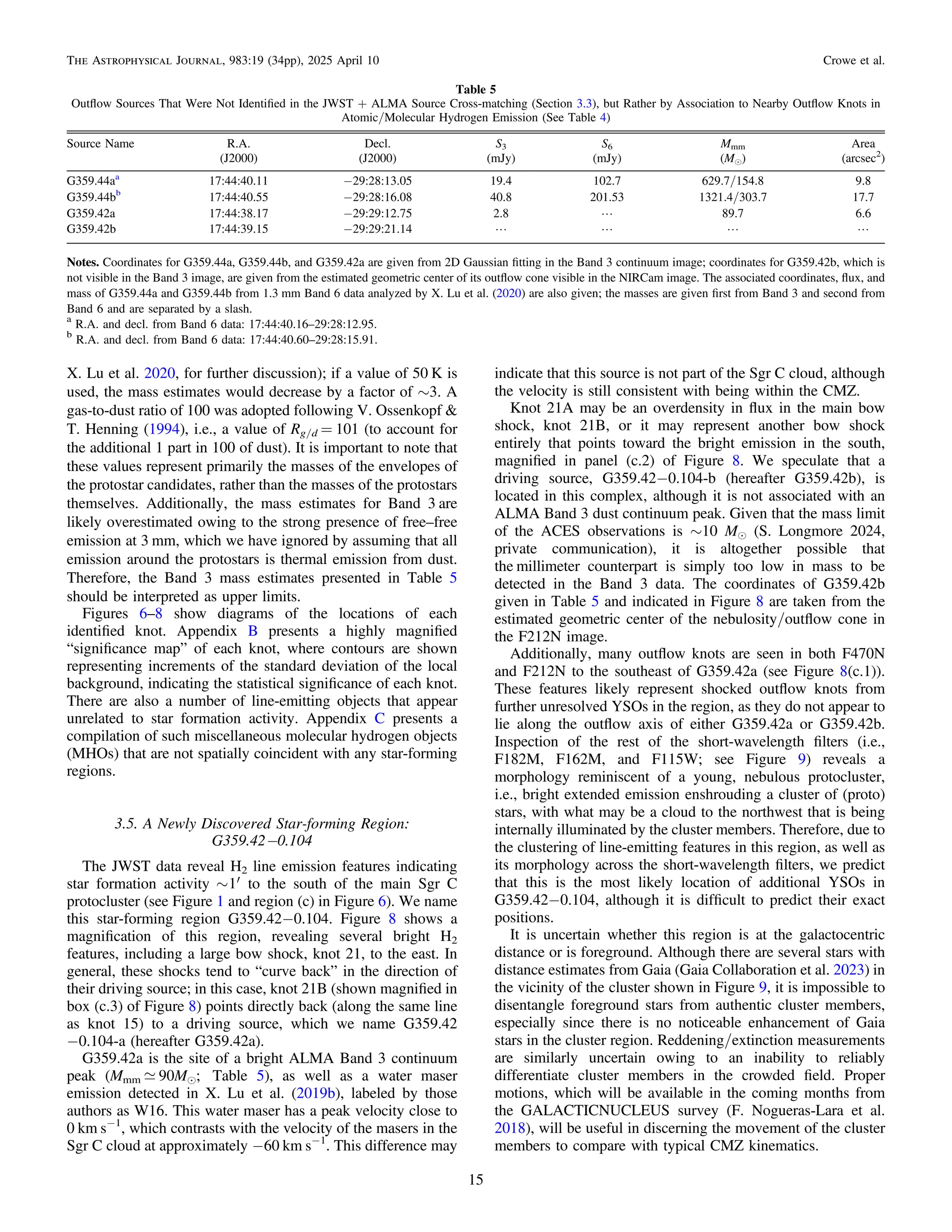 X. Lu et al. 2020, for further discussion); if a value of 50 K is
used, the mass estimates would decrease by a factor of ∼3. A
gas-to-dust ratio of 100 was adopted following V. Ossenkopf &
T. Henning (1994), i.e., a value of Rg/d = 101 (to account for
the additional 1 part in 100 of dust). It is important to note that
these values represent primarily the masses of the envelopes of
the protostar candidates, rather than the masses of the protostars
themselves. Additionally, the mass estimates for Band 3 are
likely overestimated owing to the strong presence of free–free
emission at 3 mm, which we have ignored by assuming that all
emission around the protostars is thermal emission from dust.
Therefore, the Band 3 mass estimates presented in Table 5
should be interpreted as upper limits.
Figures 6–8 show diagrams of the locations of each
identiﬁed knot. Appendix B presents a highly magniﬁed
“signiﬁcance map” of each knot, where contours are shown
representing increments of the standard deviation of the local
background, indicating the statistical signiﬁcance of each knot.
There are also a number of line-emitting objects that appear
unrelated to star formation activity. Appendix C presents a
compilation of such miscellaneous molecular hydrogen objects
(MHOs) that are not spatially coincident with any star-forming
regions.
3.5. A Newly Discovered Star-forming Region:
G359.42−0.104
The JWST data reveal H2 line emission features indicating
star formation activity ~ ¢
1 to the south of the main Sgr C
protocluster (see Figure 1 and region (c) in Figure 6). We name
this star-forming region G359.42−0.104. Figure 8 shows a
magniﬁcation of this region, revealing several bright H2
features, including a large bow shock, knot 21, to the east. In
general, these shocks tend to “curve back” in the direction of
their driving source; in this case, knot 21B (shown magniﬁed in
box (c.3) of Figure 8) points directly back (along the same line
as knot 15) to a driving source, which we name G359.42
−0.104-a (hereafter G359.42a).
G359.42a is the site of a bright ALMA Band 3 continuum
peak (Mmm ; 90Me; Table 5), as well as a water maser
emission detected in X. Lu et al. (2019b), labeled by those
authors as W16. This water maser has a peak velocity close to
0 km s−1
, which contrasts with the velocity of the masers in the
Sgr C cloud at approximately −60 km s−1
. This difference may
indicate that this source is not part of the Sgr C cloud, although
the velocity is still consistent with being within the CMZ.
Knot 21A may be an overdensity in ﬂux in the main bow
shock, knot 21B, or it may represent another bow shock
entirely that points toward the bright emission in the south,
magniﬁed in panel (c.2) of Figure 8. We speculate that a
driving source, G359.42−0.104-b (hereafter G359.42b), is
located in this complex, although it is not associated with an
ALMA Band 3 dust continuum peak. Given that the mass limit
of the ACES observations is ∼10 Me (S. Longmore 2024,
private communication), it is altogether possible that
the millimeter counterpart is simply too low in mass to be
detected in the Band 3 data. The coordinates of G359.42b
given in Table 5 and indicated in Figure 8 are taken from the
estimated geometric center of the nebulosity/outﬂow cone in
the F212N image.
Additionally, many outﬂow knots are seen in both F470N
and F212N to the southeast of G359.42a (see Figure 8(c.1)).
These features likely represent shocked outﬂow knots from
further unresolved YSOs in the region, as they do not appear to
lie along the outﬂow axis of either G359.42a or G359.42b.
Inspection of the rest of the short-wavelength ﬁlters (i.e.,
F182M, F162M, and F115W; see Figure 9) reveals a
morphology reminiscent of a young, nebulous protocluster,
i.e., bright extended emission enshrouding a cluster of (proto)
stars, with what may be a cloud to the northwest that is being
internally illuminated by the cluster members. Therefore, due to
the clustering of line-emitting features in this region, as well as
its morphology across the short-wavelength ﬁlters, we predict
that this is the most likely location of additional YSOs in
G359.42−0.104, although it is difﬁcult to predict their exact
positions.
It is uncertain whether this region is at the galactocentric
distance or is foreground. Although there are several stars with
distance estimates from Gaia (Gaia Collaboration et al. 2023) in
the vicinity of the cluster shown in Figure 9, it is impossible to
disentangle foreground stars from authentic cluster members,
especially since there is no noticeable enhancement of Gaia
stars in the cluster region. Reddening/extinction measurements
are similarly uncertain owing to an inability to reliably
differentiate cluster members in the crowded ﬁeld. Proper
motions, which will be available in the coming months from
the GALACTICNUCLEUS survey (F. Nogueras-Lara et al.
2018), will be useful in discerning the movement of the cluster
members to compare with typical CMZ kinematics.
Table 5
Outﬂow Sources That Were Not Identiﬁed in the JWST + ALMA Source Cross-matching (Section 3.3), but Rather by Association to Nearby Outﬂow Knots in
Atomic/Molecular Hydrogen Emission (See Table 4)
Source Name R.A. Decl. S3 S6 Mmm Area
(J2000) (J2000) (mJy) (mJy) (Me) (arcsec2
)
G359.44aa
17:44:40.11 −29:28:13.05 19.4 102.7 629.7/154.8 9.8
G359.44bb
17:44:40.55 −29:28:16.08 40.8 201.53 1321.4/303.7 17.7
G359.42a 17:44:38.17 −29:29:12.75 2.8 L 89.7 6.6
G359.42b 17:44:39.15 −29:29:21.14 L L L L
Notes. Coordinates for G359.44a, G359.44b, and G359.42a are given from 2D Gaussian ﬁtting in the Band 3 continuum image; coordinates for G359.42b, which is
not visible in the Band 3 image, are given from the estimated geometric center of its outﬂow cone visible in the NIRCam image. The associated coordinates, ﬂux, and
mass of G359.44a and G359.44b from 1.3 mm Band 6 data analyzed by X. Lu et al. (2020) are also given; the masses are given ﬁrst from Band 3 and second from
Band 6 and are separated by a slash.
a
R.A. and decl. from Band 6 data: 17:44:40.16–29:28:12.95.
b
R.A. and decl. from Band 6 data: 17:44:40.60–29:28:15.91.
15
The Astrophysical Journal, 983:19 (34pp), 2025 April 10 Crowe et al.
 