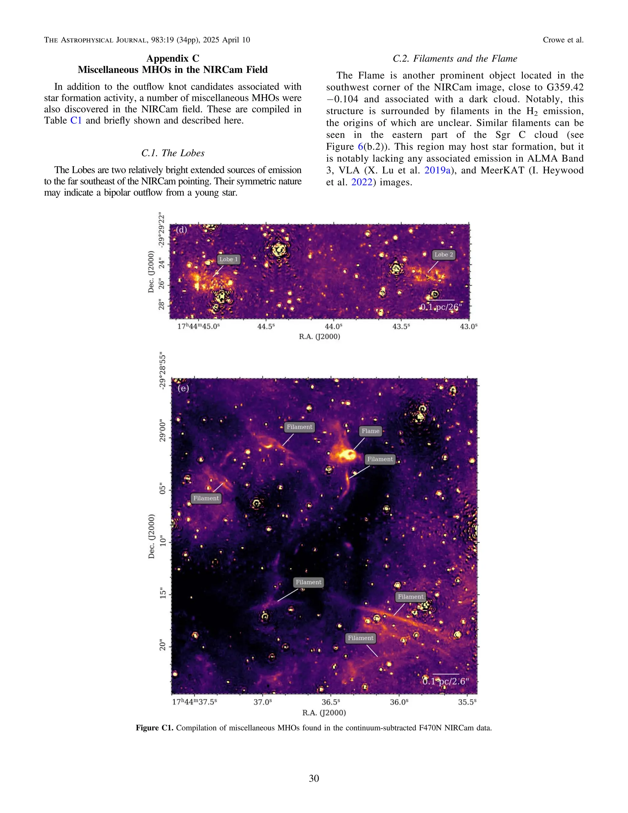 Appendix C
Miscellaneous MHOs in the NIRCam Field
In addition to the outﬂow knot candidates associated with
star formation activity, a number of miscellaneous MHOs were
also discovered in the NIRCam ﬁeld. These are compiled in
Table C1 and brieﬂy shown and described here.
C.1. The Lobes
The Lobes are two relatively bright extended sources of emission
to the far southeast of the NIRCam pointing. Their symmetric nature
may indicate a bipolar outﬂow from a young star.
C.2. Filaments and the Flame
The Flame is another prominent object located in the
southwest corner of the NIRCam image, close to G359.42
−0.104 and associated with a dark cloud. Notably, this
structure is surrounded by ﬁlaments in the H2 emission,
the origins of which are unclear. Similar ﬁlaments can be
seen in the eastern part of the Sgr C cloud (see
Figure 6(b.2)). This region may host star formation, but it
is notably lacking any associated emission in ALMA Band
3, VLA (X. Lu et al. 2019a), and MeerKAT (I. Heywood
et al. 2022) images.
Figure C1. Compilation of miscellaneous MHOs found in the continuum-subtracted F470N NIRCam data.
30
The Astrophysical Journal, 983:19 (34pp), 2025 April 10 Crowe et al.
 