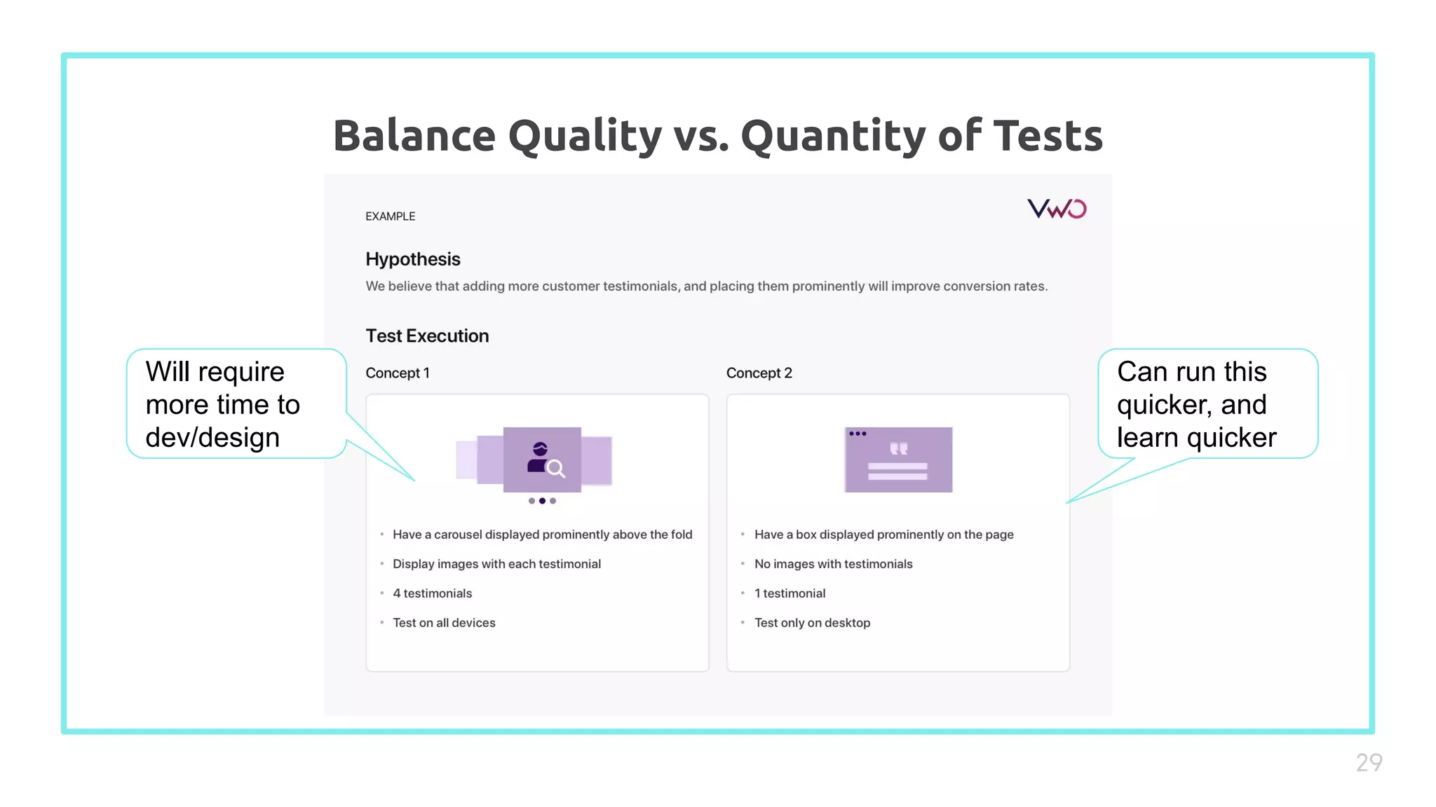29
Balance Quality vs. Quantity of Tests
Will require
more time to
dev/design
Can run this
quicker, and
learn quicker
 