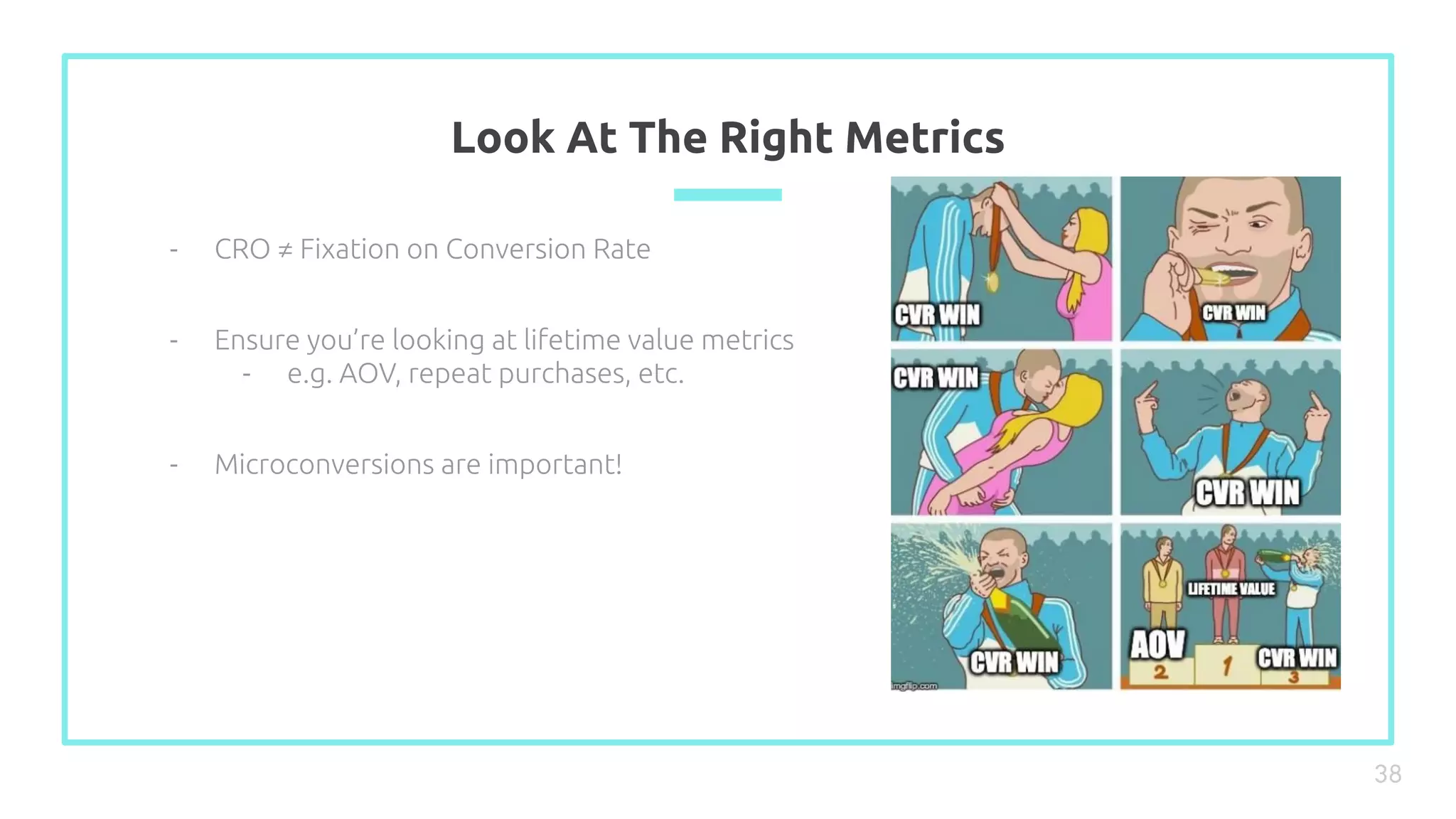 Look At The Right Metrics
38
- CRO ≠ Fixation on Conversion Rate
- Ensure you’re looking at lifetime value metrics
- e.g. AOV, repeat purchases, etc.
- Microconversions are important!
 