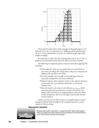 0.5 m
                                           20
                                                                      1m      1.5 m

                                                                      1m      1.5 m

                                                                      1.5 m   1.5 m

                                                                      2m      1.5 m

                                                                      2m      1.5 m
                                           10




                                 v (m/s)
                                                                      2m      1.5 m

                                                              0.5 m   2m      1.5 m

                                                              2m      2m      1.5 m

                                                         1m   2m      2m      1.5 m

                                                         2m   2m      2m      1.5 m
                                           0

                                                0    2              4                 6     8
                                                                   t (s)

                           That’s what I’ve done above. Each rectangle on the graph paper is 1.0 s
                        wide and 2 m/s tall, so it represents 2 m. Adding up all the numbers gives
                        ∆x=41 m. If you needed better accuracy, you could use graph paper with
                        smaller rectangles.
                            It’s important to realize that this technique gives you ∆x, not x. The v-t
                        graph has no information about where the object was when it started.
                            The following are important points to keep in mind when applying this
                        technique:
                               • If the range of v values on your graph does not extend down to
                                 zero, then you will get the wrong answer unless you compensate by
                                 adding in the area that is not shown.
                               • As in the example, one rectangle on the graph paper does not
                                 necessarily correspond to one meter of distance.
                               • Negative velocity values represent motion in the opposite direction,
                                 so area under the t axis should be subtracted, i.e. counted as
                                 “negative area.”
                               • Since the result is a ∆x value, it only tells you xafter-xbefore, which
                                 may be less than the actual distance traveled. For instance, the
                                 object could come back to its original position at the end, which
                                 would correspond to ∆x=0, even though it had actually moved a
                                 nonzero distance.
                            Finally, note that one can find ∆v from an a-t graph using an entirely
                        analogous method. Each rectangle on the a-t graph represents a certain
                        amount of velocity change.
               Discussion question
                          Roughly what would a pendulum’s v-t graph look like? What would happen
                          when you applied the area-under-the-curve technique to find the pendulum’s
                          ∆x for a time period covering many swings?




86   Chapter 3 Acceleration and Free Fall
 