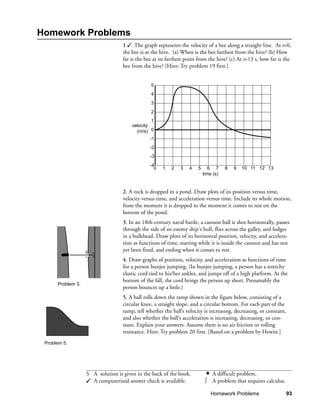 Homework Problems
                                   1 . The graph represents the velocity of a bee along a straight line. At t=0,
                                   the bee is at the hive. (a) When is the bee farthest from the hive? (b) How
                                   far is the bee at its farthest point from the hive? (c) At t=13 s, how far is the
                                   bee from the hive? [Hint: Try problem 19 first.]


                                                5
                                                4
                                                3
                                                2
                                                1
                                       velocity
                                         (m/s) 0
                                                -1
                                                -2
                                                -3
                                                -4
                                                  0   1   2   3   4    5      6 7     8   9   10 11 12 13
                                                                           time (s)


                                   2. A rock is dropped in a pond. Draw plots of its position versus time,
                                   velocity versus time, and acceleration versus time. Include its whole motion,
                                   from the moment it is dropped to the moment it comes to rest on the
                                   bottom of the pond.
                                   3. In an 18th-century naval battle, a cannon ball is shot horizontally, passes
                                   through the side of an enemy ship's hull, flies across the galley, and lodges
                                   in a bulkhead. Draw plots of its horizontal position, velocity, and accelera-
                                   tion as functions of time, starting while it is inside the cannon and has not
                                   yet been fired, and ending when it comes to rest.
                                   4. Draw graphs of position, velocity, and acceleration as functions of time
                                   for a person bunjee jumping. (In bunjee jumping, a person has a stretchy
                                   elastic cord tied to his/her ankles, and jumps off of a high platform. At the
                                   bottom of the fall, the cord brings the person up short. Presumably the
      Problem 3.
                                   person bounces up a little.)
                                   5. A ball rolls down the ramp shown in the figure below, consisting of a
                                   circular knee, a straight slope, and a circular bottom. For each part of the
                                   ramp, tell whether the ball’s velocity is increasing, decreasing, or constant,
                                   and also whether the ball’s acceleration is increasing, decreasing, or con-
                                   stant. Explain your answers. Assume there is no air friction or rolling
                                   resistance. Hint: Try problem 20 first. [Based on a problem by Hewitt.]
 Problem 5.




                   S A solution is given in the back of the book.               A difficult problem.
                    A computerized answer check is available.              ∫   A problem that requires calculus.

                                                                                Homework Problems                   93
 