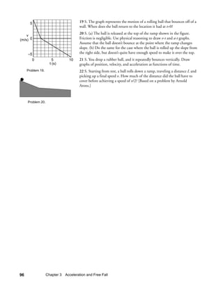 5                              19 S. The graph represents the motion of a rolling ball that bounces off of a
                                      wall. When does the ball return to the location it had at t=0?
                                      20 S. (a) The ball is released at the top of the ramp shown in the figure.
    v
(m/s) 0                               Friction is negligible. Use physical reasoning to draw v-t and a-t graphs.
                                      Assume that the ball doesn’t bounce at the point where the ramp changes
                                      slope. (b) Do the same for the case where the ball is rolled up the slope from
     –5                               the right side, but doesn’t quite have enough speed to make it over the top.
        0              5        10    21 S. You drop a rubber ball, and it repeatedly bounces vertically. Draw
                     t (s)            graphs of position, velocity, and acceleration as functions of time.
     Problem 19.                      22 S. Starting from rest, a ball rolls down a ramp, traveling a distance L and
                                      picking up a final speed v. How much of the distance did the ball have to
                                      cover before achieving a speed of v/2? [Based on a problem by Arnold
                                      Arons.]



     Problem 20.




96                 Chapter 3 Acceleration and Free Fall
 
