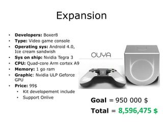 Expansion
•   Developers: Boxer8
•   Type: Video game console
•   Operating sys: Android 4.0,
    Ice cream sandwish
•   Sys on ship: Nvidia Tegra 3
•   CPU: Quad-core Arm cortex A9
•   Memory: 1 go ram
•   Graphic: Nvidia ULP Geforce
    GPU
•   Price: 99$
     • Kit developement include
     • Support Onlive
                                   Goal = 950 000 $
                                   Total =   8,596,475 $
 