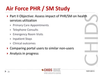 Air Force PHR / SM Study
 Part II Objective: Assess impact of PHR/SM on health
services utilization
 Primary Care Appointments
 Telephone Consults
 Emergency Room Visits
 Inpatient Stays
 Clinical outcomes
 Comparing portal users to similar non-users
 Analysis in progress
25 10/01/2013
 