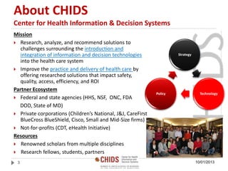Strategy
TechnologyPolicy
About CHIDS
Center for Health Information & Decision Systems
Mission
 Research, analyze, and recommend solutions to
challenges surrounding the introduction and
integration of information and decision technologies
into the health care system
 Improve the practice and delivery of health care by
offering researched solutions that impact safety,
quality, access, efficiency, and ROI
Partner Ecosystem
 Federal and state agencies (HHS, NSF, ONC, FDA
DOD, State of MD)
 Private corporations (Children’s National, J&J, CareFirst
BlueCross BlueShield, Cisco, Small and Mid-Size firms)
 Not-for-profits (CDT, eHealth Initiative)
Resources
 Renowned scholars from multiple disciplines
 Research fellows, students, partners
3 10/01/2013
 