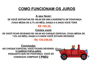 COMO FUNCIONAM OS JUROS A seu favor: SE VOCÊ DEPOSITAR R$ 100,00 EM UMA CADERNETA DE  POUPANÇA ( TAXA  MÉDIA DE 0,7% AO MÊS), DAQUI A 8 ANOS VOCÊ TERÁ  R$ 195,36. Contra você: SE VOCÊ FICAR DEVENDO R$ 100,00 NO CHEQUE ESPECIAL (TAXA  MÉDIA  DE 7,8% AO MÊS), DAQUI A 8 ANOS VOCÊ  ESTARÁ  DEVENDO  R$ 139.259,00. Conclusão: NO CHEQUE ESPECIAL  VOCÊ FICARÁ DEVENDO  9 CARROS POPULARES, ENQUANTO QUE NA POUPANÇA, VOCÊ SÓ CONSEGUE COMPRAR  1 PNEU 