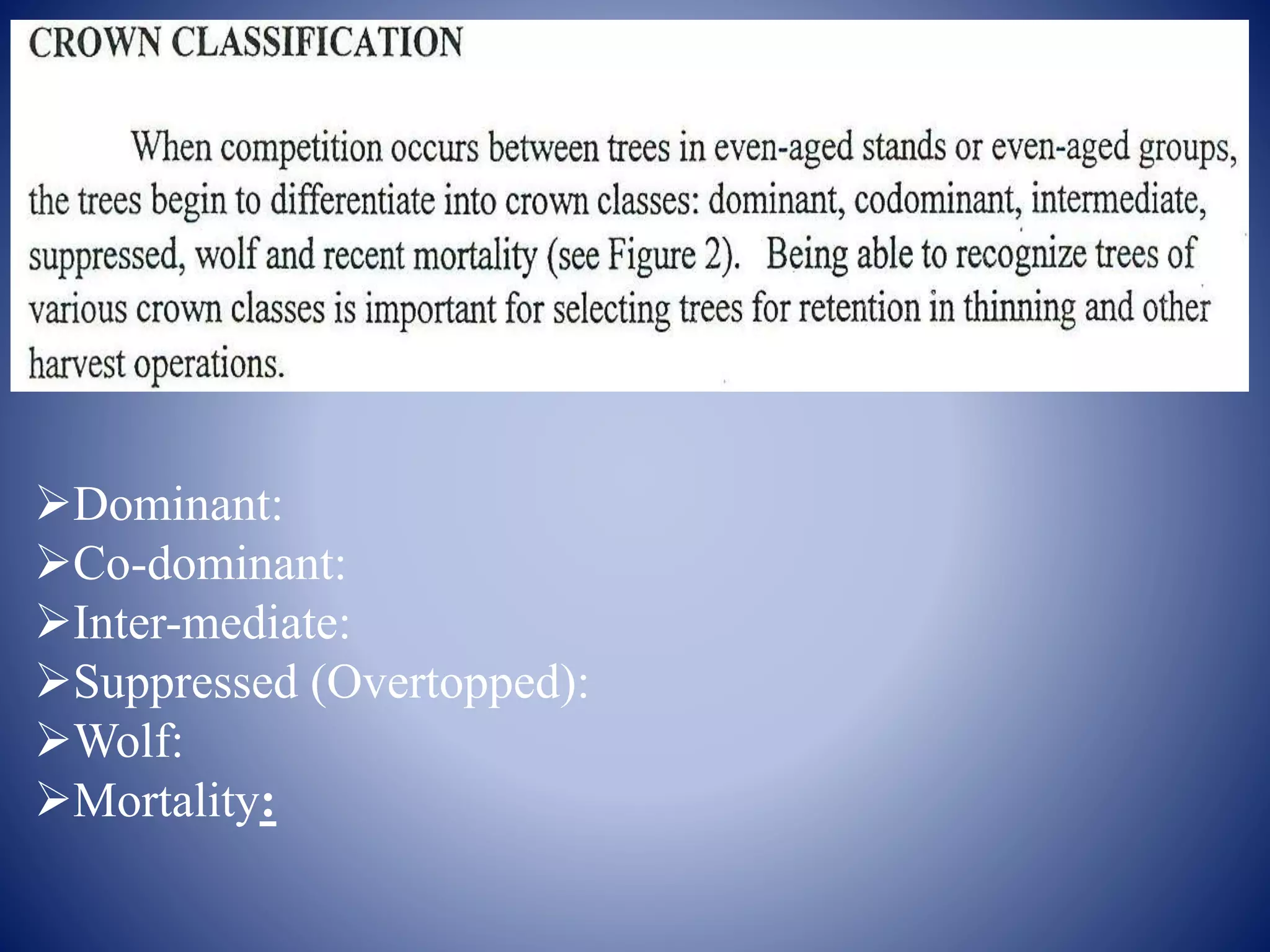 Dominant:
Co-dominant:
Inter-mediate:
Suppressed (Overtopped):
Wolf:
Mortality:
 