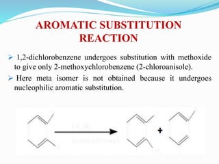 AROMATIC SUBSTITUTION
REACTION
 1,2-dichlorobenzene undergoes substitution with methoxide
to give only 2-methoxychlorobenzene (2-chloroanisole).
 Here meta isomer is not obtained because it undergoes
nucleophilic aromatic substitution.
 