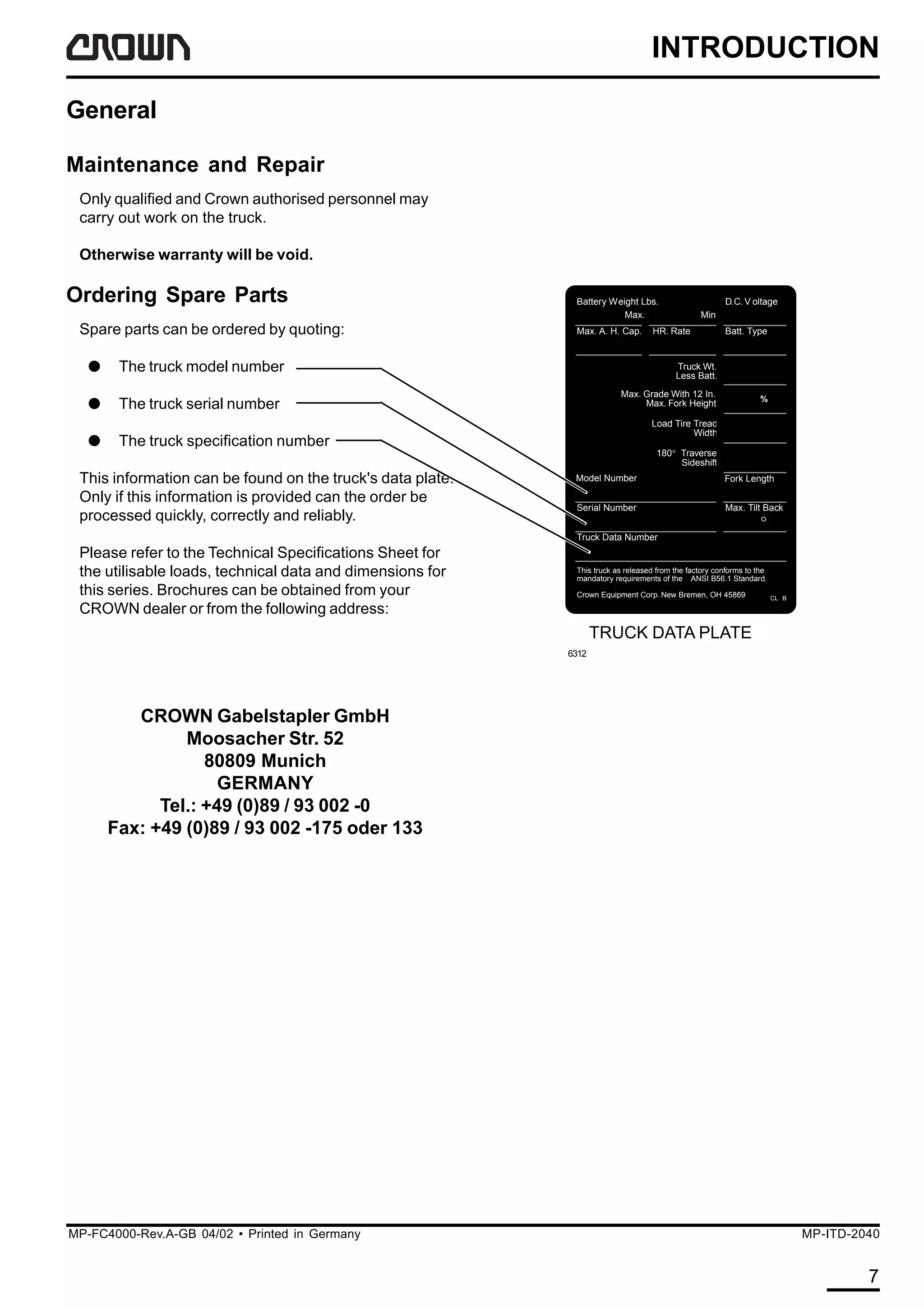 Crown fc4000 series forklift parts catalogue manual PDF