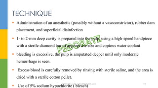  Administration of an anesthetic (possibly without a vasoconstrictor), rubber dam
placement, and superficial disinfection
 1- to 2-mm deep cavity is prepared into the pulp, using a high-speed handpiece
with a sterile diamond bur of appropriate size and copious water coolant
 bleeding is excessive, the pulp is amputated deeper until only moderate
hemorrhage is seen.
 Excess blood is carefully removed by rinsing with sterile saline, and the area is
dried with a sterile cotton pellet.
 Use of 5% sodium hypochlorite ( bleach)
TECHNIQUE
DR.TINET MARY AUGUSTINE.BDS.MDS 119
 