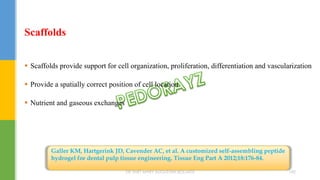 Scaffolds
 Scaffolds provide support for cell organization, proliferation, differentiation and vascularization
 Provide a spatially correct position of cell location
 Nutrient and gaseous exchanges
Galler KM, Hartgerink JD, Cavender AC, et al. A customized self-assembling peptide
hydrogel for dental pulp tissue engineering. Tissue Eng Part A 2012;18:176-84.
DR.TINET MARY AUGUSTINE.BDS.MDS 182
 