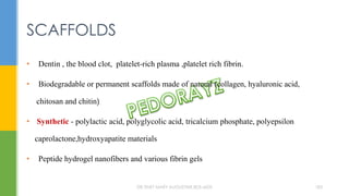 • Dentin , the blood clot, platelet-rich plasma ,platelet rich fibrin.
• Biodegradable or permanent scaffolds made of natural (collagen, hyaluronic acid,
chitosan and chitin)
• Synthetic - polylactic acid, polyglycolic acid, tricalcium phosphate, polyepsilon
caprolactone,hydroxyapatite materials
• Peptide hydrogel nanofibers and various fibrin gels
SCAFFOLDS
DR.TINET MARY AUGUSTINE.BDS.MDS 183
 