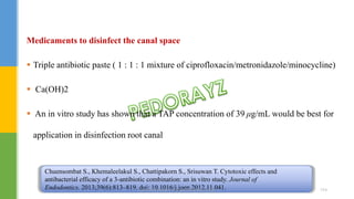 Medicaments to disinfect the canal space
 Triple antibiotic paste ( 1 : 1 : 1 mixture of ciprofloxacin/metronidazole/minocycline)
 Ca(OH)2
 An in vitro study has shown that a TAP concentration of 39 μg/mL would be best for
application in disinfection root canal
Chuensombat S., Khemaleelakul S., Chattipakorn S., Srisuwan T. Cytotoxic effects and
antibacterial efficacy of a 3-antibiotic combination: an in vitro study. Journal of
Endodontics. 2013;39(6):813–819. doi: 10.1016/j.joen.2012.11.041.DR.TINET MARY AUGUSTINE.BDS.MDS 194
 
