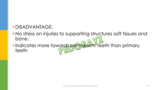  DISADVANTAGE:
 No stress on injuries to supporting structures soft tissues and
bone.
 Indicates more towards permanent teeth than primary
teeth
DR.TINET MARY AUGUSTINE.BDS.MDS 34
 