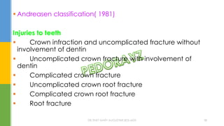 Andreasen classification( 1981)
Injuries to teeth
 Crown infraction and uncomplicated fracture without
involvement of dentin
 Uncomplicated crown fracture with involvement of
dentin
 Complicated crown fracture
 Uncomplicated crown root fracture
 Complicated crown root fracture
 Root fracture
DR.TINET MARY AUGUSTINE.BDS.MDS 38
 