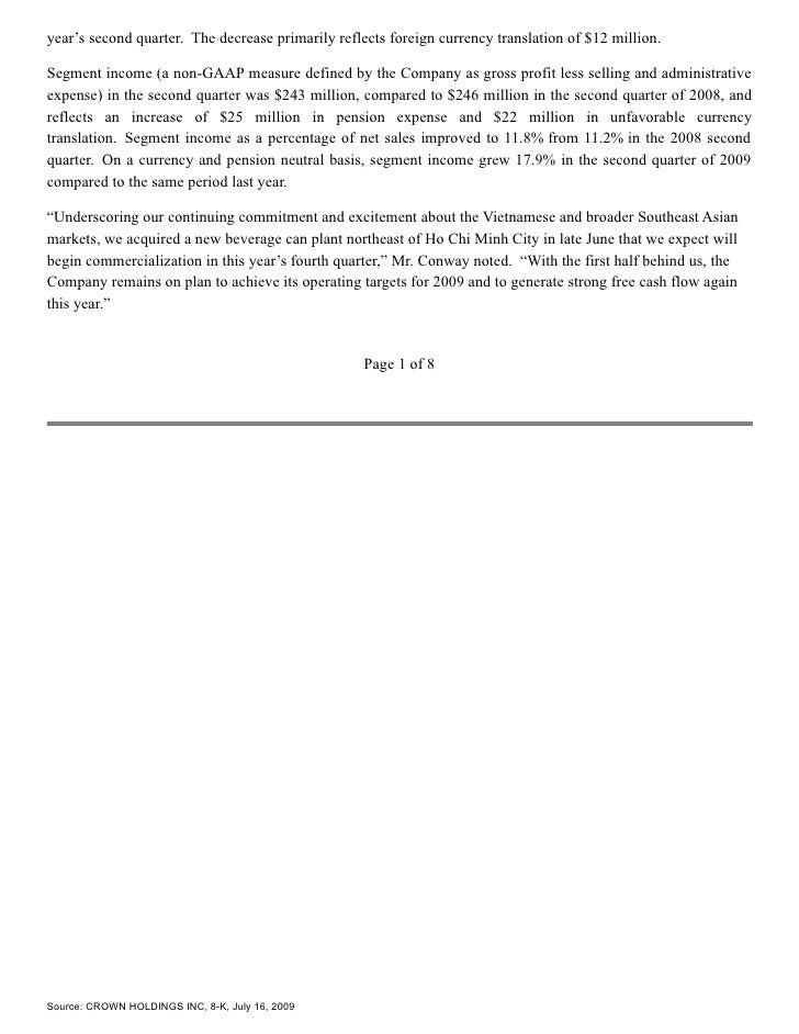 Q2 2009 Earning Report of Crown Holdings, Inc.