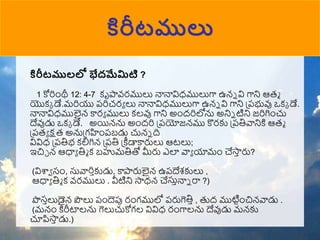 కిరీటములు
కిరీటములలో భేదమేమిటి ?
1 కోరిుంథీ 12: 4-7 కృపావ్రములు నానావిధములుగా ఉన్న వి గాని ఆరు
యొకక డే.మరియు పరిచరా లు నానావిధములుగా ఉన్న వి గాని ప్పభువు ఒకక డే.
నానావిధములైన్ కారా ములు కలవు గాని అుందరిలోను అనిన టిని జరిగిుంచు
దేవుడు ఒకక డే. అయిన్ను అుందరి ప్పయోజన్ము కొరకు ప్పతివానికి ఆరు
ప్పరా క్షర అనుప్గహుంపబడు చున్న ది
వివిధ ప్పతిభ కలిగిన్ ప్పతి ప్ీడాకారులు ఆటలు;
ఇచిా న్ ఆధాా తిు క బహుమతితో మీరు ఎలా వాా యాముం చేసా
ా రు?
(విశ్వా సుం, స్తవారిాకుడు, కాపారులైన్ ఉపదేశకులు ,
ఆధాా తిు క వ్రములు . వీటిని సాధన్ చేస్తానాన రా ?)
పసాలుడైన్ పలు పుందెపు రుంగములో పరుగెతిా , తుద ముటిటుంచిన్వాడు .
(మన్ుం కిరీటాలను గెలుచుకోగల వివిధ రుంగాలను దేవుడు మన్కు
చూపిసా
ా డు.)
 