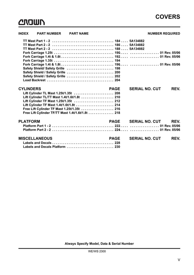 Crown ws2300 series forklift parts catalogue manual PDF