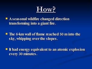 How? A seasonal wildfire changed direction transforming into a giant fire. The 6-km wall of flame reached 50 m into the sky, whipping over the slopes. It had energy equivalent to an atomic explosion every 30 minutes.