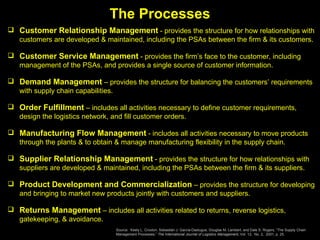 The Processes Customer Relationship Management  - provides the structure for how relationships with customers are developed & maintained, including the PSAs between the firm & its customers. Customer Service Management  - provides the firm’s face to the customer, including management of the PSAs, and provides a single source of customer information. Demand Management  – provides the structure for balancing the customers’ requirements with supply chain capabilities. Order Fulfillment  – includes all activities necessary to define customer requirements, design the logistics network, and fill customer orders. Manufacturing Flow Management  - includes all activities necessary to move products through the plants & to obtain & manage manufacturing flexibility in the supply chain. Supplier Relationship Management  - provides the structure for how relationships with suppliers are developed & maintained, including the PSAs between the firm & its suppliers. Product Development and Commercialization  – provides the structure for developing and bringing to market new products jointly with customers and suppliers. Returns Management  – includes all activities related to returns, reverse logistics, gatekeeping, & avoidance.  Source:  Keely L. Croxton, Sebasti á n J. García-Dastugue, Douglas M. Lambert, and Dale S. Rogers, “The Supply Chain Management Processes,”  The International Journal of Logistics Management,  Vol. 12,  No. 2,  2001, p. 25. 