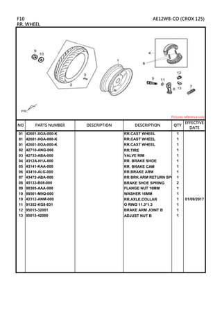 01 42601-XGA-000-K RR.CAST WHEEL 1
01 42601-XGA-000-K RR.CAST WHEEL 1
01 42601-XGA-000-K RR.CAST WHEEL 1
02 42710-ANG-000 RR.TIRE 1
03 42753-ABA-000 VALVE RIM 1
04 4312A-H1A-000 RR. BRAKE SHOE 1
05 43141-KAA-000 RR. BRAKE CAM 1
06 43410-ALG-000 RR.BRAKE ARM 1
07 43472-ABA-000 RR BRK ARM RETURN SPG 1
08 45133-B08-000 BRAKE SHOE SPRING 2
09 90305-AAA-000 FLANGE NUT 16MM 1
10 90501-M9Q-000 WASHER 16MM 1
10 42312-ANM-000 RR.AXLE.COLLAR 1 01/09/2017
11 91352-KG8-831 O RING 11.3*1.3 1
12 95015-32001 BRAKE ARM JOINT B 1
13 95015-42000 ADJUST NUT B 1
DESCRIPTION
F10 AE12W8-CO (CROX 125)
RR. WHEEL
Pictures reference only
NO PARTS NUMBER QTY
EFFECTIVE
DATE
DESCRIPTION
 