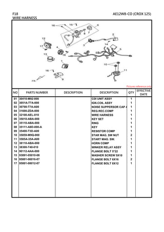 01 30410-M92-000 CDI UNIT ASSY 1
02 3051A-T7A-000 IGN.COIL ASSY 1
03 30700-T7A-A00 NOISE SUPPERSOR CAP ASSY
1
04 31600-ZDA-000 REG.REC.COMP 1
05 32100-AEL-010 WIRE HARNESS 1
06 35010-ABA-000 KEY SET 1
07 35110-ABA-000 RING 1
08 35111-A8D-000-A KEY 1
09 35400-T3D-A00 RESISTOR COMP 1
10 35859-M9Q-000 STAR MAG. SW NUT 2
11 3585A-35A-A00 START MAG. SW. 1
12 38110-ABA-000 HORN COMP 1
13 38300-T40-010 WINKER RELAY ASSY 1
14 90112-AAA-000 FLANGE BOLT 5*22 1
15 93891-05010-08 WASHER SCREW 5X10 1
16 95801-06016-07 FLANGE BOLT 6X16 2
17 95801-08012-07 FLANGE BOLT 8X12 1
DESCRIPTION
F18 AE12W8-CO (CROX 125)
WIRE HARNESS
Pictures reference only
NO PARTS NUMBER QTY
EFFECTIVE
DATE
DESCRIPTION
 