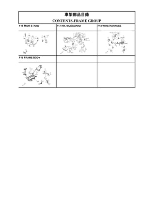 車架部品目錄
CONTENTS-FRAME GROUP
F16 MAIN STAND F17 RR. MUDGUARD F18 WIRE HARNESS
F19 FRAME BODY
 