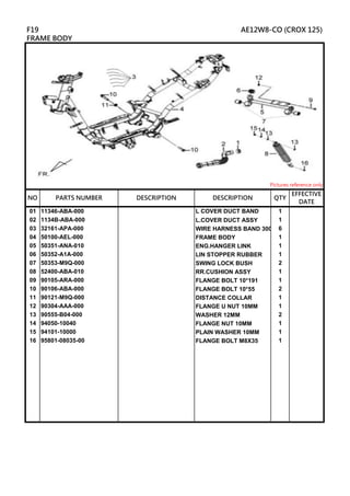 01 11346-ABA-000 L COVER DUCT BAND 1
02 1134B-ABA-000 L.COVER DUCT ASSY 1
03 32161-APA-000 WIRE HARNESS BAND 300MM
6
04 50100-AEL-000 FRAME BODY 1
05 50351-ANA-010 ENG.HANGER LINK 1
06 50352-A1A-000 LIN STOPPER RUBBER 1
07 50353-M9Q-000 SWING LOCK BUSH 2
08 52400-ABA-010 RR.CUSHION ASSY 1
09 90105-ARA-000 FLANGE BOLT 10*191 1
10 90106-ABA-000 FLANGE BOLT 10*55 2
11 90121-M9Q-000 DISTANCE COLLAR 1
12 90304-AAA-000 FLANGE U NUT 10MM 1
13 90555-B04-000 WASHER 12MM 2
14 94050-10040 FLANGE NUT 10MM 1
15 94101-10000 PLAIN WASHER 10MM 1
16 95801-08035-00 FLANGE BOLT M8X35 1
DESCRIPTION
F19 AE12W8-CO (CROX 125)
FRAME BODY
Pictures reference only
NO PARTS NUMBER QTY
EFFECTIVE
DATE
DESCRIPTION
 