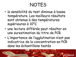 Abdsalah 
NOTES 
• la sensibilité du test diminue à basse 
température. Les meilleurs résultats 
sont obtenus à des températures 
supérieures à 10°C. 
• une lecture différée peut résulter en 
une surestimation du titre de PCR. 
• L’importance de l’agglutination n’est pas 
indicatrice de la concentration en PCR 
dans les échantillons testés 
 