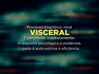 Processo cognitivo: nível 
VISCERAL 
! 
É percebido imediatamente. 
A resposta psicológica é poderosa. 
Ligada à auto-estima e eficiência. 
 
