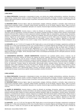 Edital Normativo - Concurso Público nº 01/2014 – CRP-2 Página | 11
ANEXO II
CONTEÚDO PROGRAMÁTICO
1 NÍVEL MÉDIO
1.1 LÍNGUA PORTUGUESA: Compreensão e interpretação de textos, com domínio das relações morfossintáticas, semânticas, discursivas e
argumentativas. Tipologia textual. Coesão e coerência. Ortografia oficial. Acentuação gráfica. Pontuação. Formação e emprego das classes de
palavras. Significação de palavras. Sintaxe da oração e do período. Concordância nominal e verbal. Regência nominal e verbal. Emprego do sinal
indicativo de crase.
1.2 RACIOCÍNIO LÓGICO: Estruturas lógicas. Lógica de argumentação: analogias, inferências, deduções e conclusões. Lógica sentencial (ou
proposicional): proposições simples e compostas; tabelas‐verdade; equivalências; leis de De Morgan; diagramas lógicos. Lógica de primeira
ordem. Princípios de contagem e probabilidade. Operações com conjuntos. Raciocínio lógico envolvendo problemas aritméticos, geométricos e
matriciais.
1.3 NOÇÕES DE INFORMÁTICA: Conceitos básicos e modos de utilização de tecnologias, ferramentas, aplicativos e procedimentos de
informática: tipos de computadores, conceitos de hardware e de software, instalação de periféricos. Edição de textos, planilhas e apresentações
(ambiente Microsoft Office). Noções de sistema operacional (ambiente Windows). Redes de computadores: conceitos básicos, ferramentas,
aplicativos e procedimentos de Internet e intranet. Programas de navegação: Microsoft Internet Explorer, Mozilla Firefox, Google Chrome e
similares. Programa de correio eletrônico: MS Outlook. Sítios de busca e pesquisa na Internet. Redes sociais. Computação na nuvem (cloud
computing). Conceitos de organização e de gerenciamento de informações, arquivos, pastas e programas. Segurança da informação:
procedimentos de segurança. Noções de vírus, worms e pragas virtuais. Aplicativos para segurança (antivírus, firewall, antispyware etc.).
Procedimentos de backup.
1.4 LEGISLAÇÃO: Leis: Lei n° 4.119, de 27 de agosto de 1962: Dispõe sobre os cursos de formação em Psicologia e regulamenta a profissão de
Psicólogo; Lei n° 5.766, de 20 de dezembro de 1971: Cria o Conselho Federal e os Conselhos Regionais de Psicologia e dá outras providências.
Decretos: Decreto n° 53.464, de 21 de janeiro de 1964: Regulamenta a Lei n° 4.119, de agosto de 1962, que dispõe sobre a Profissão de
Psicólogo; Decreto n° 79.822, de 17 de junho de 1977: Regulamenta a Lei n° 5.766, de dezembro de 1971, que criou o Conselho Federal e
Conselhos Regionais de Psicologia e dá outras providências. Resoluções: Resolução CFP n° 0023/2001: Aprova o Regimento Interno do Conselho
Regional de Psicologia da 2ª Região - CRP-02; Resolução 3/2007: Institui a Consolidação das Resoluções do CFP e alterações posteriores. Site para
consulta: www.pol.org.br.
1.5 CONHECIMENTOS ESPECÍFICOS - AUXILIAR ADMINISTRATIVO: Atendimento com qualidade (público interno e externo). Uso de
equipamentos de escritórios: materiais de consumo, fax, máquinas de calcular, copiadora, impressora e periféricos do computador. Serviço
postal brasileiro: características, tipos de serviços e limitações. Operações bancárias: aplicações financeiras, empréstimos, câmbio, cadastro,
cartões de crédito, cheques, tarifas, transferências e serviços de cobrança. Operações com cartórios: conceitos e características. Noções sobre
arquivo: conceitos básicos, e técnicas de arquivamento. Noções sobre correspondência oficial e comercial: tipos de documentos, abreviações e
formas de tratamento. Princípios básicos da administração. Administração pública: princípios básicos, estrutura, tipos de entidades e
organização. Ética e sigilo profissional. Rotinas do setor de pessoal: admissão, demissão, CLT, FGTS, contribuição sindical, impostos e cálculos
trabalhistas. Fluxograma e organograma: conceitos, símbolos e usos. Noções de licitação: princípios, definições, e hipóteses de dispensa e
inexigibilidade. Contratos com a administração pública: conceitos, formalização, alteração, execução, inexecução e rescisão. Noções sobre
administração de estoque: características e gestão. Gestão da qualidade: conceitos e ferramentas.
2 NÍVEL SUPERIOR
2.1 LÍNGUA PORTUGUESA: Compreensão e interpretação de textos, com domínio das relações morfossintáticas, semânticas, discursivas e
argumentativas. Tipologia textual. Coesão e coerência. Ortografia oficial. Acentuação gráfica. Pontuação. Formação e emprego das classes de
palavras. Significação de palavras. Sintaxe da oração e do período. Concordância nominal e verbal. Regência nominal e verbal. Emprego do sinal
indicativo de crase.
2.2 RACIOCÍNIO LÓGICO: Estruturas lógicas. Lógica de argumentação: analogias, inferências, deduções e conclusões. Lógica sentencial (ou
proposicional): proposições simples e compostas; tabelas‐verdade; equivalências; leis de De Morgan; diagramas lógicos. Lógica de primeira
ordem. Princípios de contagem e probabilidade. Operações com conjuntos. Raciocínio lógico envolvendo problemas aritméticos, geométricos e
matriciais.
2.3 NOÇÕES DE INFORMÁTICA: Conceitos básicos e modos de utilização de tecnologias, ferramentas, aplicativos e procedimentos de
informática: tipos de computadores, conceitos de hardware e de software, instalação de periféricos. Edição de textos, planilhas e apresentações
(ambiente Microsoft Office). Noções de sistema operacional (ambiente Windows). Redes de computadores: conceitos básicos, ferramentas,
aplicativos e procedimentos de Internet e intranet. Programas de navegação: Microsoft Internet Explorer, Mozilla Firefox, Google Chrome e
similares. Programa de correio eletrônico: MS Outlook. Sítios de busca e pesquisa na Internet. Redes sociais. Computação na nuvem (cloud
computing). Conceitos de organização e de gerenciamento de informações, arquivos, pastas e programas. Segurança da informação:
procedimentos de segurança. Noções de vírus, worms e pragas virtuais. Aplicativos para segurança (antivírus, firewall, antispyware etc.).
Procedimentos de backup.
2.4 LEGISLAÇÃO: Leis: Lei n° 4.119, de 27 de agosto de 1962: Dispõe sobre os cursos de formação em Psicologia e regulamenta a profissão de
Psicólogo; Lei n° 5.766, de 20 de dezembro de 1971: Cria o Conselho Federal e os Conselhos Regionais de Psicologia e dá outras providências.
Decretos: Decreto n° 53.464, de 21 de janeiro de 1964: Regulamenta a Lei n° 4.119, de agosto de 1962, que dispõe sobre a Profissão de
 