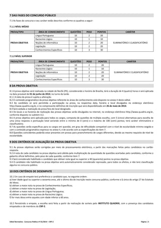 Edital Normativo - Concurso Público nº 01/2014 – CRP-2 Página | 5
7 DAS FASES DO CONCURSO PÚBLICO
7.1 As fases do concurso e seu caráter estão descritos conforme os quadros a seguir:
7.1.1 NÍVEL MÉDIO
PROVA/TIPO ÁREA DE CONHECIMENTO QUESTÕES PESO PONTOS CARÁTER
PROVA OBJETIVA
Língua Portuguesa 10 2 20
ELIMINATÓRIO E CLASSIFICATÓRIO
Raciocínio Lógico 10 1 10
Noções de informática 10 2 20
Legislação 10 2 20
Conhecimentos Específicos 10 3 30
7.1.2 NÍVEL SUPERIOR
PROVA/TIPO ÁREA DE CONHECIMENTO QUESTÕES PESO PONTOS CARÁTER
PROVA OBJETIVA
Língua Portuguesa 10 2 20
ELIMINATÓRIO E CLASSIFICATÓRIO
Raciocínio Lógico 10 1 10
Noções de informática 10 2 20
Legislação 10 2 20
Conhecimentos Específicos 10 3 30
8 DA PROVA OBJETIVA
8.1 A prova objetiva será realizada na cidade de Recife (PE), considerando o horário de Brasília, terá a duração de 4 (quatro) horas e será aplicada
na data provável de 01 de junho de 2014, no turno da tarde.
8.1.1 A data da prova é sujeita a alteração.
8.2 O conteúdo programático da prova objetiva referente às áreas de conhecimento está disposto no anexo II deste edital.
8.3 Ao candidato só será permitida a participação na prova, na respectiva data, horário e local divulgados no endereço eletrônico
http://www.quadrix.org.br, e no comprovante definitivo de inscrição que será disponibilizado em 26 de maio de 2014.
8.4 Será vedada a realização da prova fora do local designado.
8.5 Os locais e os horários de realização das provas objetivas serão divulgados na internet, no endereço eletrônico http://www.quadrix.org.br,
conforme disposto no subitem 4.2.
8.6 A prova objetiva será aplicada para todos os cargos, composta de questões de múltipla escolha, com 5 (cinco) alternativas para escolha de
uma única resposta e pontuação total variando entre o mínimo de 0 (zero) e o máximo de 100 (cem) pontos; terá caráter eliminatório e
classificatório.
8.7 As questões serão específicas para os cargos em questão, em grau de dificuldade compatível com o nível de escolaridade mínimo exigido e
com o conteúdo programático expresso no anexo II, e de acordo com as especificações do item 7.
8.8 Questões coincidentes poderão estar presentes em provas para preenchimento de cargos diferentes, devido ao mesmo requisito de nível de
escolaridade.
9 DOS CRITÉRIOS DE AVALIAÇÃO DA PROVA OBJETIVA
9.1 As provas objetivas serão corrigidas por meio de processamento eletrônico, a partir das marcações feitas pelos candidatos no cartão-
resposta.
9.2 A nota de cada candidato na prova objetiva será obtida pela multiplicação da quantidade de questões acertadas pelo candidato, conforme o
gabarito oficial definitivo, pelo peso de cada questão, conforme item 7.
9.3 Será considerado habilitado o candidato que obtiver nota igual ou superior a 40 (quarenta) pontos na prova objetiva.
9.4 O candidato não habilitado na prova objetiva será automaticamente considerado reprovado, para todos os efeitos, e não terá classificação
alguma no concurso público.
10 DOS CRITÉRIOS DE DESEMPATE
10.1 Em caso de empate terá preferência o candidato que, na seguinte ordem:
a) tiver idade igual ou superior a sessenta anos, até o último dia de inscrição neste concurso público, conforme o § único do artigo 27 do Estatuto
do Idoso;
b) obtiver a maior nota na prova de Conhecimentos Específicos;
c) obtiver a maior nota na prova de Legislação;
d) obtiver a maior nota na prova de Língua Portuguesa;
e) obtiver a maior nota na prova de Raciocínio Lógico;
f) for mais idoso entre aqueles com idade inferior a 60 anos.
10.2 Persistindo o empate, a escolha será feita a partir da realização de sorteio pelo INSTITUTO QUADRIX, com a presença dos candidatos
empatados e de membros do CRP-2.
 