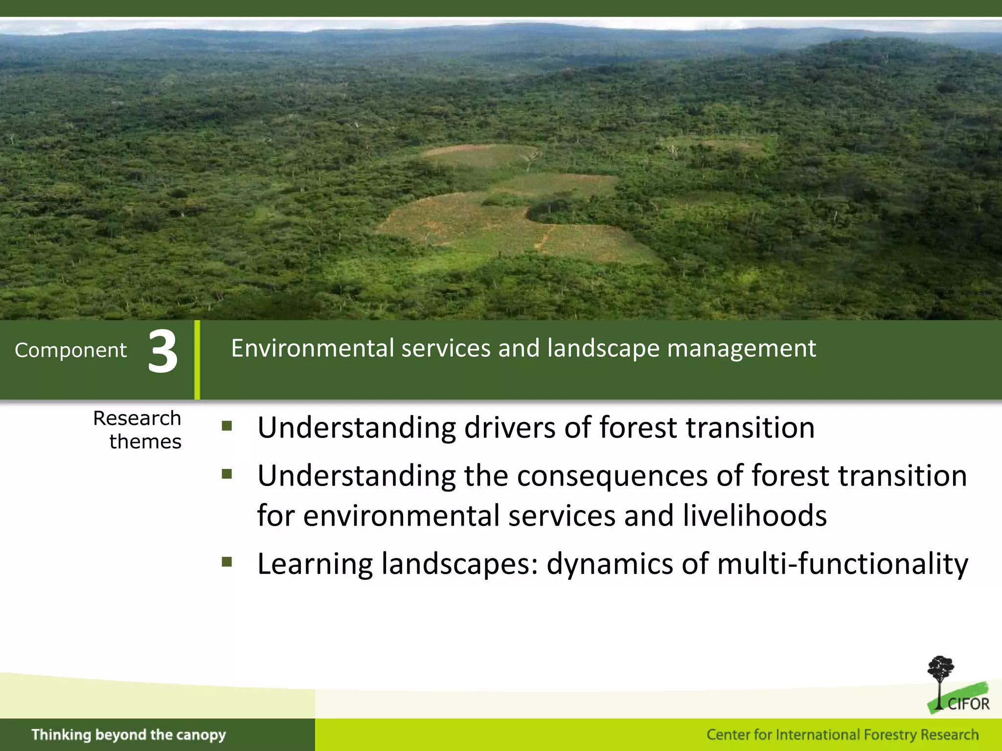Majority of research carried out by 38 partners (mainly PhD students) from Asia, Africa & Latin America2Management and conservation of forest and tree resourcesComponentResearchthemesUnderstanding threats to important tree species and formulating genetic conservation strategies
