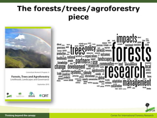 Promote policy and institutional change that will stimulate agricultural growth and equity to benefit the poor, especially rural women and other disadvantaged groupsWhy are forests important?90% of the 1.4 billion people living in extreme poverty depend on forest resources for some part of their livelihoodsForest-based activities in developing countries provide about 30 million informal jobs, and as much as 80% of formal sector jobs in Congo BasinForests conservatively provide US$250 billion in various types of incomeForests contain 80% of the Earth’s terrestrial biodiversityIn Africa, more than 90% of wood removals from forest/woodland are for fuelDeforestation and land use change contribute 12–18% of the world’s total annual carbon emissionsBush meat accounts for around 80% of the protein in take of people living in Central African forests