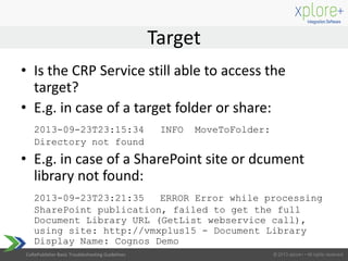 CoRePublisher Basic Troubleshooting Guidelines
• Is the CRP Service still able to access the
target?
• E.g. in case of a target folder or share:
2013-09-23T23:15:34 INFO MoveToFolder:
Directory not found
• E.g. in case of a SharePoint site or dcument
library not found:
2013-09-23T23:21:35 ERROR Error while processing
SharePoint publication, failed to get the full
Document Library URL (GetList webservice call),
using site: http://vmxplus15 - Document Library
Display Name: Cognos Demo
Target
 
