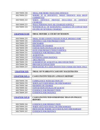 SECTION 220 TRIAL FOR MORE THAN ONE OFFENCE
SECTION 221 WHERE IT IS DOUBTFUL WHAT OFFENCE HAS BEEN
COMMITTED
SECTION 222 WHEN OFFENCE PROVED INCLUDED IN OFFENCE
CHARGED
SECTION 223 WHAT PERSONS MAY BE CHARGED JOINTLY
SECTION 224 WITHDRAWAL OF REMAINING CHARGES ON CONVICTION
ON ONE OF SEVERAL CHARGES
CHAPTER XVIII TRIAL BEFORE A COURT OF SESSION
SECTION 225 TRIAL TO BE CONDUCTED BY PUBLIC PROSECUTOR
SECTION 226 OPENING CASE FOR PROSECUTION
SECTION 227 DISCHARGE
SECTION 228 FRAMING OF CHARGE
SECTION 229 CONVICTION ON PLEA OF GUILTY
SECTION 230 DATE FOR PROSECUTION EVIDENCE
SECTION 231 EVIDENCE FOR PROSECUTION
SECTION 232 ACQUITTAL
SECTION 233 ENTERING UPON DEFENCE
SECTION 234 ARGUMENTS
SECTION 235 JUDGMENT OF ACQUITTAL OR CONVICTION
SECTION 236 PREVIOUS CONVICTION
SECTION 237 PROCEDURE IN CASES INSTITUTED UNDER SECTION 199(2)
CHAPTER XIX TRIAL OF WARRANT-CASES BY MAGISTRATES
CHAPTER XIX A CASES INSTITUTED ON A POLICE REPORT
SECTION 238 COMPLIANCE WITH SECTION 207
SECTION 239 WHEN ACCUSED SHALL BE DISCHARGED
SECTION 240 FRAMING OF CHARGE
SECTION 241 CONVICTION ON PLEA OF GUILTY
SECTION 242 EVIDENCE FOR PROSECUTION
SECTION 243 EVIDENCE FOR DEFENCE
CHAPTER XIX B CASES INSTITUTED OTHERWISE THAN ON POLICE
REPORT
SECTION 244 EVIDENCE FOR PROSECUTION
SECTION 245 WHEN ACCUSED SHALL BE DISCHARGED
SECTION 246 PROCEDURE WHERE ACCUSED IS NOT DISCHARGED
SECTION 247 EVIDENCE FOR DEFENCE
 