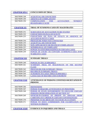 CHAPTER XIX C CONCLUSION OF TRIAL
SECTION 248 ACQUITTAL OR CONVICTION
SECTION 249 ABSENCE OF COMPLAINANT
SECTION 250 COMPENSATION FOR ACCUSATION WITHOUT
REASONABLE CAUSE
CHAPTER XX TRIAL OF SUMMONS-CASES BY MAGISTRATES
SECTION 251 SUBSTANCE OF ACCUSATION TO BE STATED
SECTION 252 CONVICTION ON PLEA OF GUILTY
SECTION 253 CONVICTION ON PLEA OF GUILTY IN ABSENCE OF
ACCUSED IN PETTY CASES
SECTION 254 PROCEDURE WHEN NOT CONVICTED
SECTION 255 ACQUITTAL OR CONVICTION
SECTION 256 NON-APPEARANCE OR DEATH OF COMPLAINANT
SECTION 257 WITHDRAWAL OF COMPLAINT
SECTION 258 POWER TO STOP PROCEEDINGS IN CERTAIN CASES
SECTION 259 POWER OF COURT TO CONVERT SUMMONS-CASES INTO
WARRANT-CASES
CHAPTER XXI SUMMARY TRIALS
SECTION 260 POWER TO TRY SUMMARILY
SECTION 261 SUMMARY TRIAL BY MAGISTRATE OF THE SECOND
CLASS
SECTION 262 PROCEDURE FOR SUMMARY TRIALS
SECTION 263 RECORD IN SUMMARY TRIALS
SECTION 264 JUDGMENT IN CASES TRIED SUMMARILY
SECTION 265 LANGUAGE OF RECORD AND JUDGMENT
CHAPTER XXII ATTENDANCE OF PERSONS CONFINED OR DETAINED IN
PRISONS
SECTION 266 DEFINITIONS
SECTION 267 POWER TO REQUIRE ATTENDANCE OF PRISONERS
SECTION 268 POWER OF STATE GOVERNMENT TO EXCLUDE CERTAIN
PERSONS FROM OPERATION OF SECTION 267
SECTION 269 OFFICER-IN-CHARGE OF PRISON TO ABSTAIN FROM
CARRYING OUT ORDER IN CERTAIN CONTINGENCIES
SECTION 270 PRISONER TO BE BROUGHT TO COURT IN CUSTODY
SECTION 271 POWER TO ISSUE COMMISSION FOR EXAMINATION OF
WITNESS IN PRISON
CHAPTER XXIII EVIDENCE IN INQUIRIES AND TRIALS
 