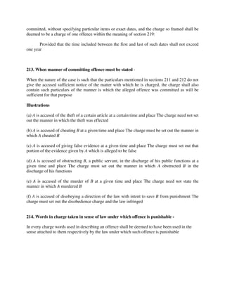 committed, without specifying particular items or exact dates, and the charge so framed shall be
deemed to be a charge of one offence within the meaning of section 219:
Provided that the time included between the first and last of such dates shall not exceed
one year
213. When manner of committing offence must be stated -
When the nature of the case is such that the particulars mentioned in sections 211 and 212 do not
give the accused sufficient notice of the matter with which he is charged, the charge shall also
contain such particulars of the manner is which the alleged offence was committed as will be
sufficient for that purpose
Illustrations
(a) A is accused of the theft of a certain article at a certain time and place The charge need not set
out the manner in which the theft was effected
(b) A is accused of cheating B at a given time and place The charge must be set out the manner in
which A cheated B
(c) A is accused of giving false evidence at a given time and place The charge must set out that
portion of the evidence given by A which is alleged to be false
(d) A is accused of obstructing B, a public servant, in the discharge of his public functions at a
given time and place The charge must set out the manner in which A obstructed B in the
discharge of his functions
(e) A is accused of the murder of B at a given time and place The charge need not state the
manner in which A murdered B
(f) A is accused of disobeying a direction of the law with intent to save B from punishment The
charge must set out the disobedience charge and the law infringed
214. Words in charge taken in sense of law under which offence is punishable -
In every charge words used in describing an offence shall be deemed to have been used in the
sense attached to them respectively by the law under which such offence is punishable
 