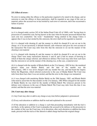 215. Effect of errors –
No error in stating either the offence or the particulars required to be stated in the charge, and no
omission to state the offence or those particulars, shall be regarded at any stage of the case as
material, unless the accused was in fact misled by such error or omission, and it has occasioned a
failure of justice
Illustrations
(a) A is charged under section 242 of the Indian Penal Code (45 of 1860), with "having been in
possession of counterfeit coin, having known at the time when he became possessed thereof that
such coin was counterfeit," the word " fraudulently" being omitted in the charge Unless it
appears that A was in fact misled by this omission, the error shall not be regarded as material
(b) A is charged with cheating B, and the manner in which he cheated B is not set out in the
charge, or is set out incorrectly A defends himself, calls witnesses and gives his own account of
the transaction The Court may infer from this that the omission to set out the manner of the
cheating is not material
(c) A is charged with cheating B, and the manner in which he cheated B is not set out in the
charge There were many transactions between A and B, and A had no means of knowing to
which of them the charge referred, and offered no defence The Court may infer from such facts
that the omission to set out the manner of the cheating was, in the case, a material error
(d) A is charged with the murder of Khoda Baksh on the 21st January, 1882 In fact, the murdered
person's name was Haidar Baksh, and the date of the murder was the
20th January, 1882 A was never charged with any murder but one, and had heard the inquiry
before the Magistrate, which referred exclusively to the case of Haidar Baksh The Court may
infer from these facts that A was not misled, and that the error in the charge was immaterial
(e) A was charged with murdering Haidar Baksh on the 20th January, 1882, and Khoda Baksh
(who tried to arrest him for that murder) on the 21st January, 1882 When charged for the murder
of Haidar Baksh, he was tried for the murder of Khoda Baksh The witnesses present in his
defence were witnesses in the case of Haidar Baksh The Court may infer from this that A was
misled, and that the error was material
216. Court may alter charge
(1) Any Court may alter or add to any charge at any time before judgment is pronounced
(2) Every such alteration or addition shall be read and explained to the accused
(3) If the alteration or addition to a charge is such that proceeding immediately with the trial is
not likely, in the opinion of the Court to prejudice the accused in his defence or the prosecutor in
the conduct of the case the Court may, in its discretion, after such alteration or addition has been
made, proceed with the trial as if the altered or added charge had been the original charge
 