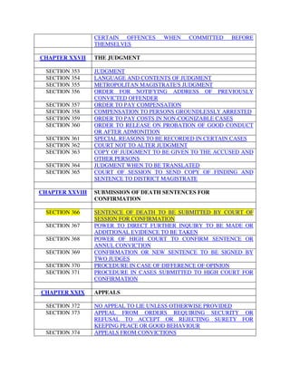 CERTAIN OFFENCES WHEN COMMITTED BEFORE
THEMSELVES
CHAPTER XXVII THE JUDGMENT
SECTION 353 JUDGMENT
SECTION 354 LANGUAGE AND CONTENTS OF JUDGMENT
SECTION 355 METROPOLITAN MAGISTRATE'S JUDGMENT
SECTION 356 ORDER FOR NOTIFYING ADDRESS OF PREVIOUSLY
CONVICTED OFFENDER
SECTION 357 ORDER TO PAY COMPENSATION
SECTION 358 COMPENSATION TO PERSONS GROUNDLESSLY ARRESTED
SECTION 359 ORDER TO PAY COSTS IN NON-COGNIZABLE CASES
SECTION 360 ORDER TO RELEASE ON PROBATION OF GOOD CONDUCT
OR AFTER ADMONITION
SECTION 361 SPECIAL REASONS TO BE RECORDED IN CERTAIN CASES
SECTION 362 COURT NOT TO ALTER JUDGMENT
SECTION 363 COPY OF JUDGMENT TO BE GIVEN TO THE ACCUSED AND
OTHER PERSONS
SECTION 364 JUDGMENT WHEN TO BE TRANSLATED
SECTION 365 COURT OF SESSION TO SEND COPY OF FINDING AND
SENTENCE TO DISTRICT MAGISTRATE
CHAPTER XXVIII SUBMISSION OF DEATH SENTENCES FOR
CONFIRMATION
SECTION 366 SENTENCE OF DEATH TO BE SUBMITTED BY COURT OF
SESSION FOR CONFIRMATION
SECTION 367 POWER TO DIRECT FURTHER INQUIRY TO BE MADE OR
ADDITIONAL EVIDENCE TO BE TAKEN
SECTION 368 POWER OF HIGH COURT TO CONFIRM SENTENCE OR
ANNUL CONVICTION
SECTION 369 CONFIRMATION OR NEW SENTENCE TO BE SIGNED BY
TWO JUDGES
SECTION 370 PROCEDURE IN CASE OF DIFFERENCE OF OPINION
SECTION 371 PROCEDURE IN CASES SUBMITTED TO HIGH COURT FOR
CONFIRMATION
CHAPTER XXIX APPEALS
SECTION 372 NO APPEAL TO LIE UNLESS OTHERWISE PROVIDED
SECTION 373 APPEAL FROM ORDERS REQUIRING SECURITY OR
REFUSAL TO ACCEPT OR REJECTING SURETY FOR
KEEPING PEACE OR GOOD BEHAVIOUR
SECTION 374 APPEALS FROM CONVICTIONS
 